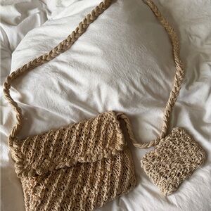 Woven Crochet Tan Crossbody Bag and Card Holder
